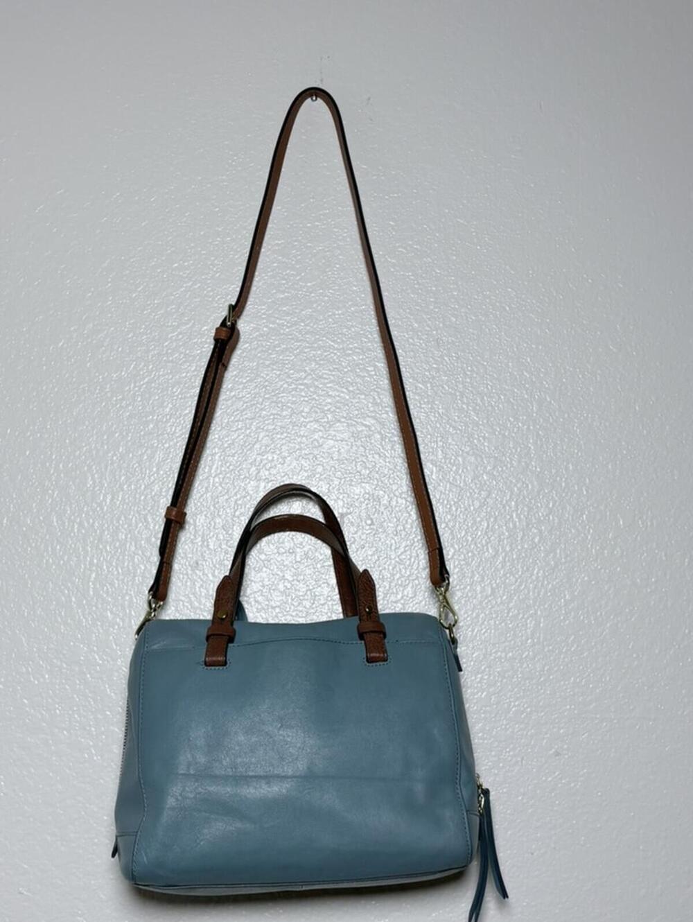Fossil Cowhide Leather Satchel Blue Cognac Gold Hardware Key Charm